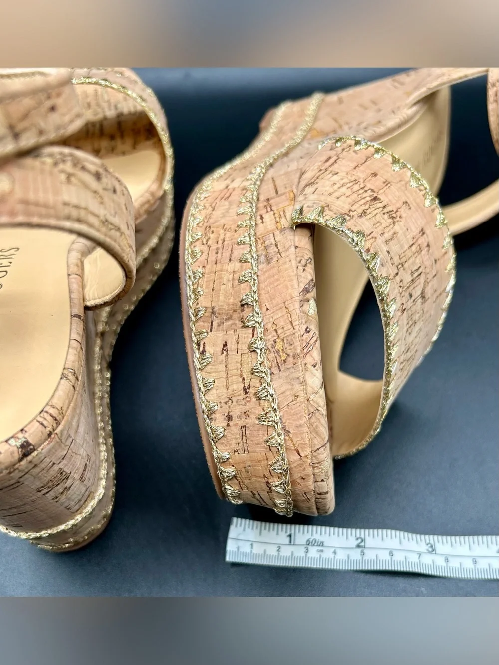 JACK ROGERS Flagler Stitch Platform-Wedge-Sandals in Cork-Gold. Size 9